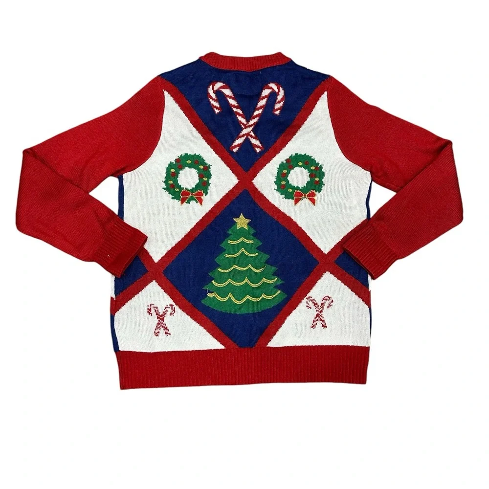 Women’s Tipsy Elves Holiday Christmas Tree Bells Large Sweater Red Colorful EUC